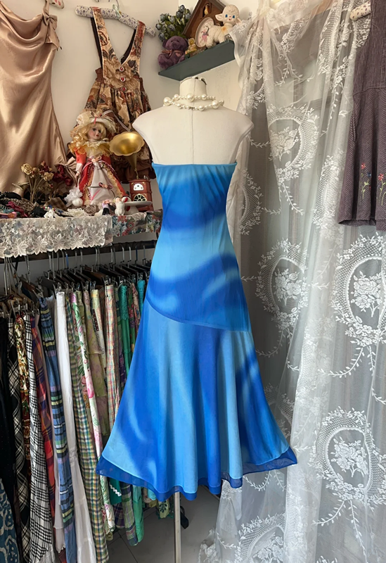 Gradient blue strapless, fitted, fishtail gown, ball gown R6352
