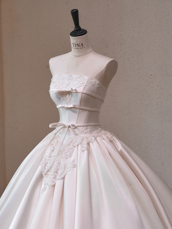 White satin tube top waist slim fit puffy skirt long dress bridal gown R5719