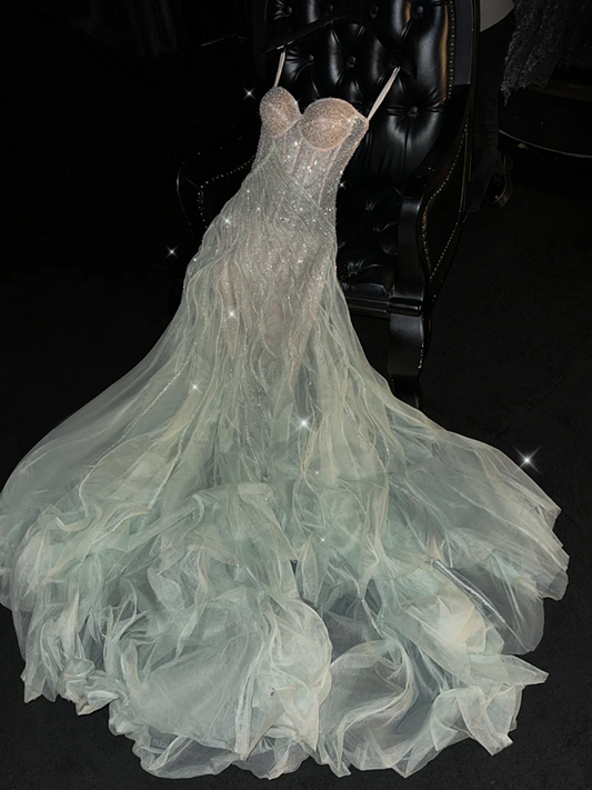 Light green sequined halter-neck fitted long ball gown R8819