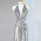 Silver halter-neck, fitted long ball gown/bridal dress R9029