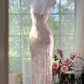 Light pink floral print halter-neck fitted long ball gown R7628