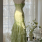 Light green sequined halter-neck fitted bodycon long ball gown R6553