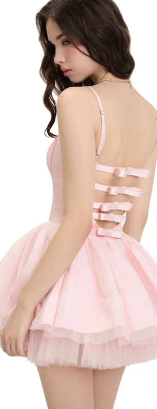 Pink suspender waist slim cake skirt short skirt homecoming dress R4493