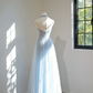 Light blue halter neck fitted waist long ball gown R8448