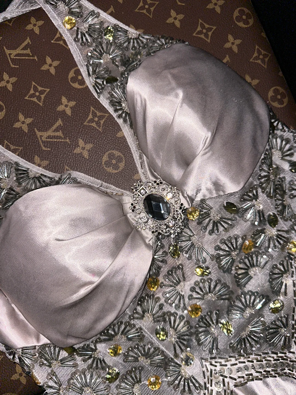 Grey halter neck beaded fitted long ball gown R6871