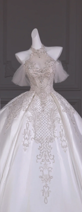 White halterneck sequined waist slim fit puffy skirt long bridal dress R5760