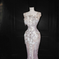 Light pink diamond suspenders waist hip-hugging fishtail sexy long skirt, prom dress R5642
