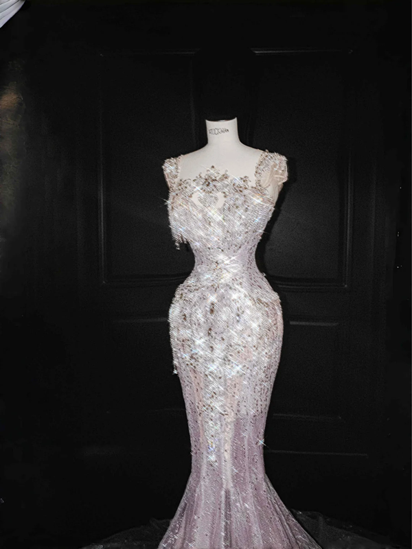 Light pink diamond suspenders waist hip-hugging fishtail sexy long skirt, prom dress R5642