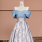 Light blue off-the-shoulder neckline, fitted waist, vintage print long ball gown R8418