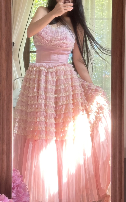 Light pink strapless fitted waist tiered skirt long ball gown R7747