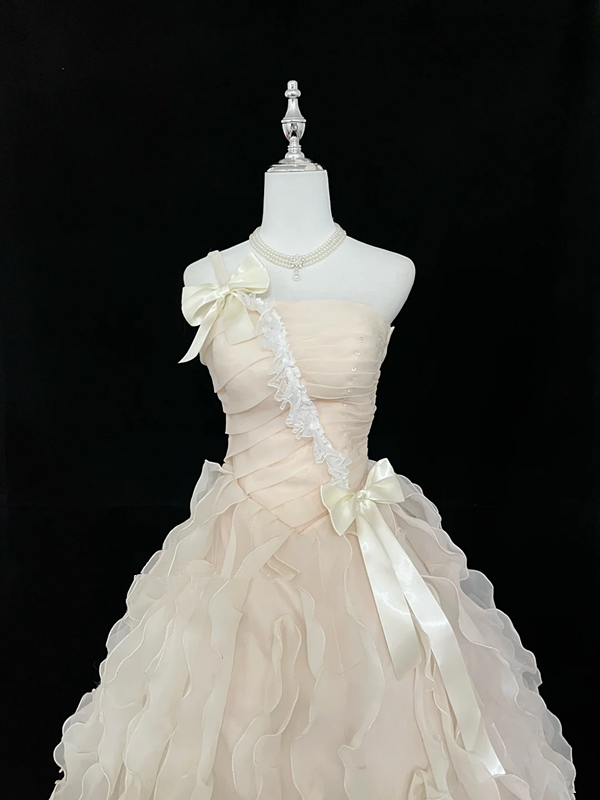Light apricot strapless, fitted waist, full skirt, long ball gown, bridal dress R9059
