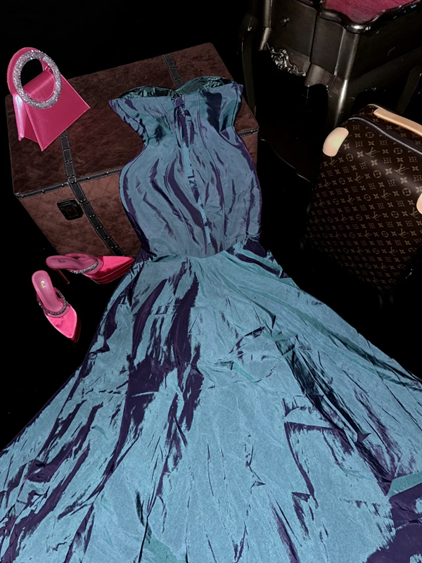 Gray-blue strapless fitted long ball gown R7031