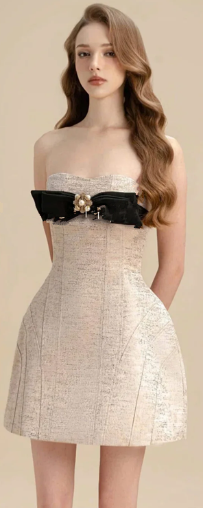 Light grey tube top bow design slim waist A-line skirt short skirt homecoming dress R4858