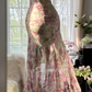 Light pink floral print halter top, fitted waist, irregular hem, long ball gown R7667
