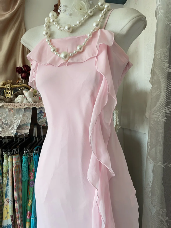 Pink halter-neck fitted midi dress, ball gown R6273