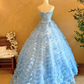 Light Blue Spaghetti-Strap Waist-Cinched Puffball Skirt Ball Gown, Bridal Gown R7358