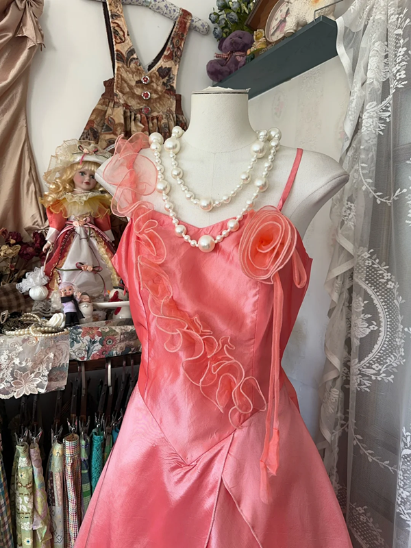 Pink satin halter-neck fitted A-line maxi dress, ball gown R6313