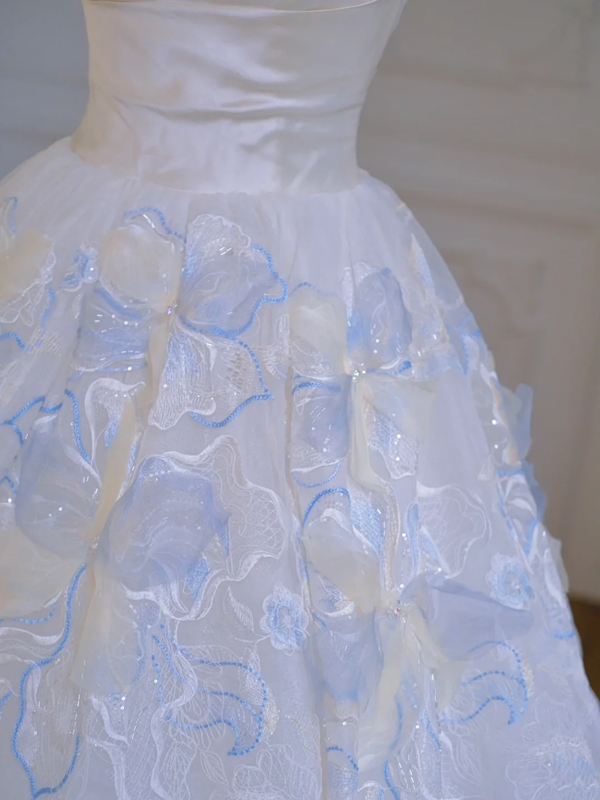 White tube top waist light blue puffy skirt long dress bridal dress R5854