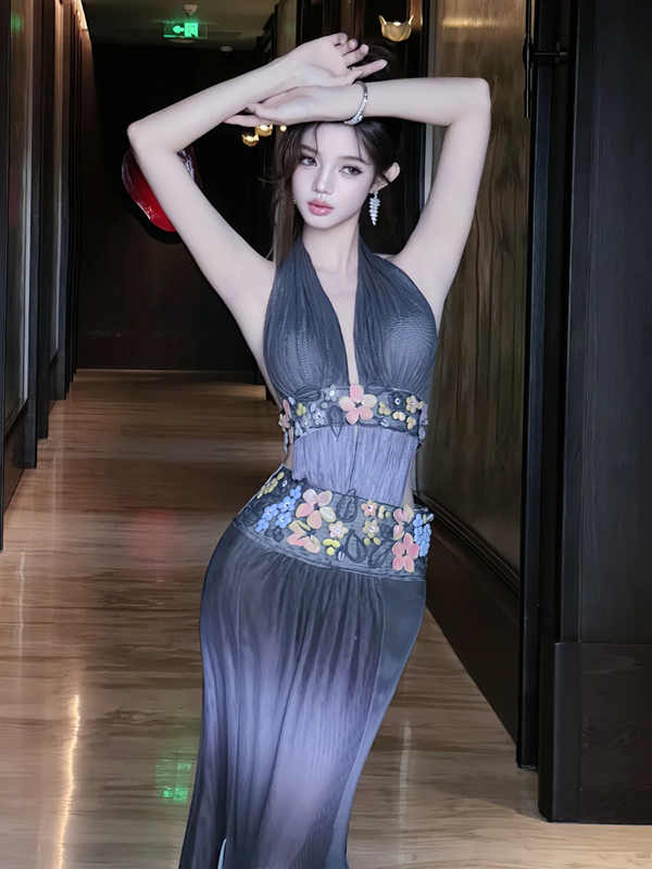 Grey halter neck fitted waist slim back sexy ball gown R7072