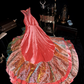 Pink strapless, fitted waist, flared skirt, fairy-like long ball gown R6952