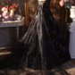 Black Spaghetti Strap Waist-Cinched Vintage Floral Puff-Skirt Ball Gown R7394
