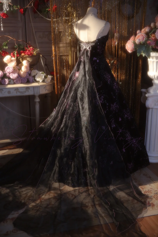 Black Spaghetti Strap Waist-Cinched Vintage Floral Puff-Skirt Ball Gown R7394