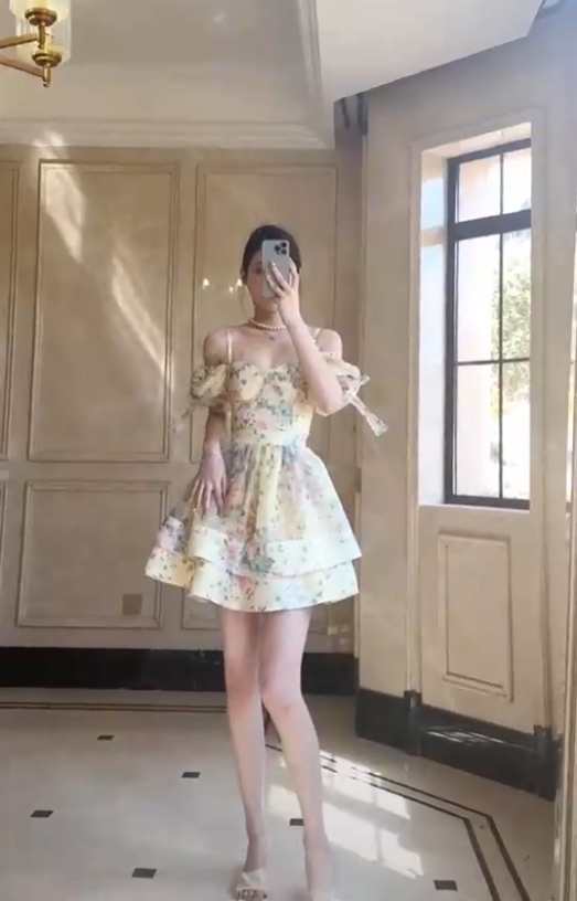 Apricot Strapless One-Shoulder Floral Print Slim Waist A-Line Short Skirt Homecoming Dress R5602