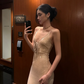 Apricot Spaghetti Strap Sequin-Embellished Waist-Cinched Fitted Sexy Floor-Length Prom Dress R7112