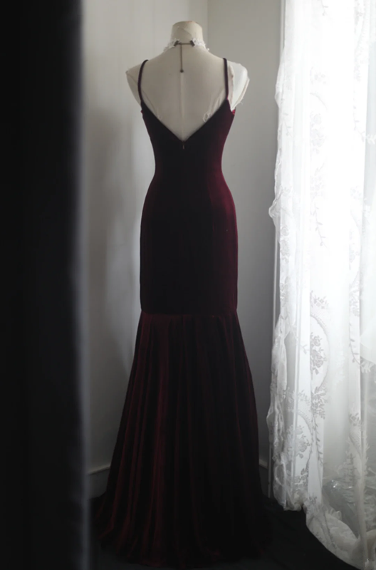 Dark red halter-neck, fitted, bodycon mermaid long ball gown, bridal dress R6831