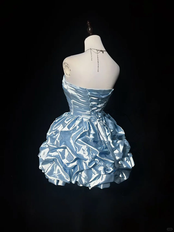 Blue tube top waist cute bud skirt short dress homecoming dress R4900