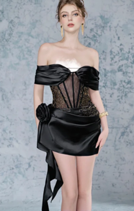 Black one-shoulder fishbone lace slim satin sexy short skirt homecoming dress R4451