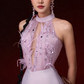 Purple halterneck sequined feather waist slim fit charming A-line short skirt homecoming dress R4573