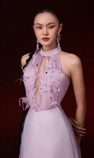 Purple halterneck sequined feather waist slim fit charming A-line short skirt homecoming dress R4573