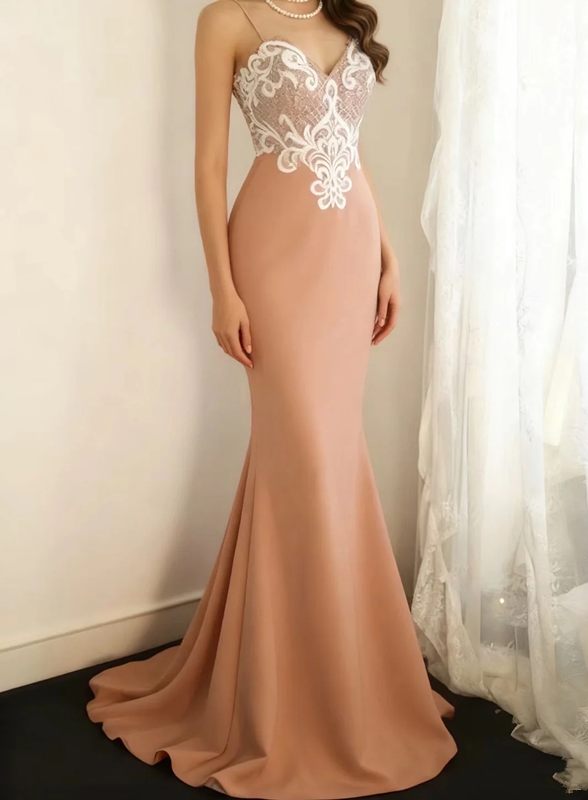 Light pink halter-neck embroidered fitted waist bodycon long ball gown R6713