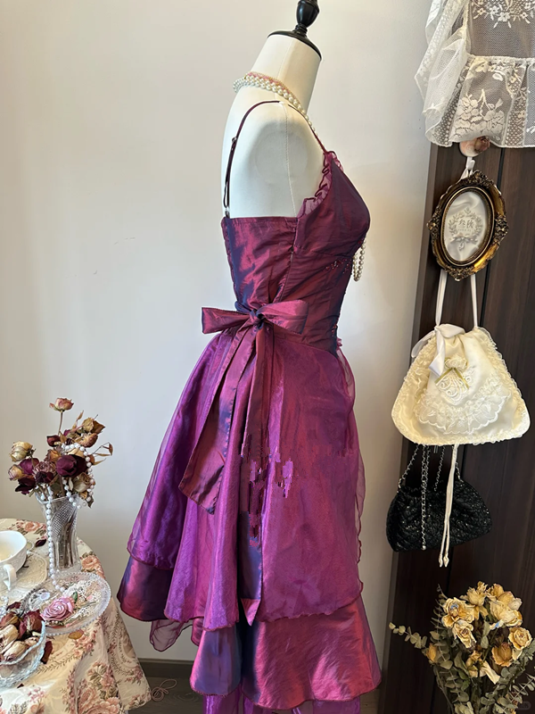 Dark purple suspenders, slim waist, slimming, A-line, charming short skirt, homecoming dress R4249