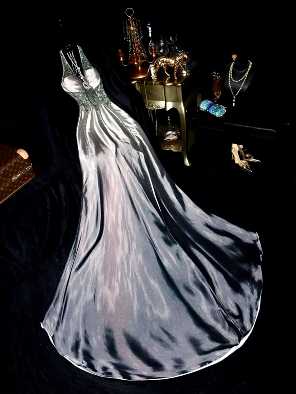 Grey halter neck beaded fitted long ball gown R6871