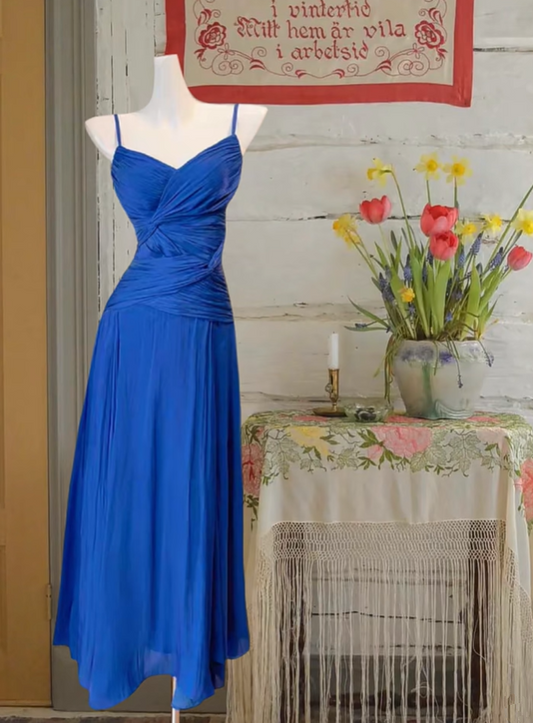 Blue halter-neck satin pleated fitted long ball gown R6234