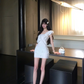 White one-shoulder design, slim waist, A-line short skirt, homecoming dress R5062