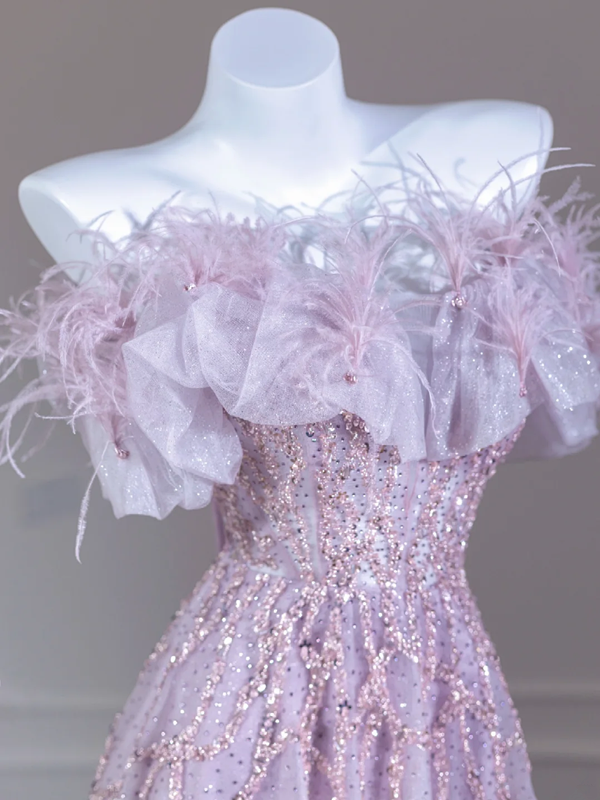 Light purple off-shoulder sequined long ball gown R8273