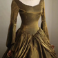 Gold square neckline, retro-style, fitted waist, elegant princess-style long ball gown, bridal dress R6753