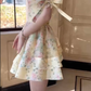 Apricot Strapless One-Shoulder Floral Print Slim Waist A-Line Short Skirt Homecoming Dress R5602