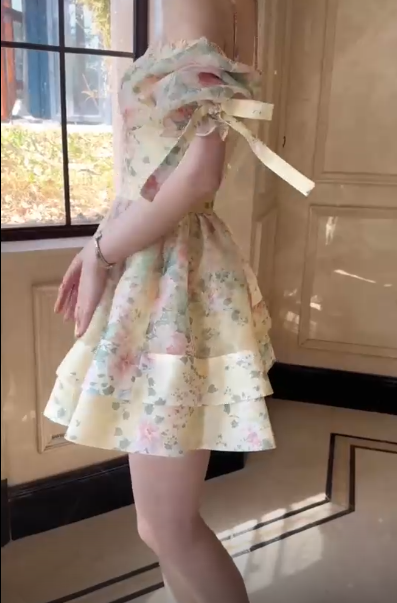 Apricot Strapless One-Shoulder Floral Print Slim Waist A-Line Short Skirt Homecoming Dress R5602