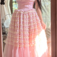 Light pink strapless fitted waist tiered skirt long ball gown R7747