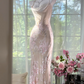 Light pink floral print halter-neck fitted long ball gown R7628
