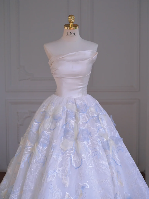 White tube top waist light blue puffy skirt long dress bridal dress R5854