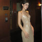 Apricot Spaghetti Strap Sequin-Embellished Waist-Cinched Fitted Sexy Floor-Length Prom Dress R7112