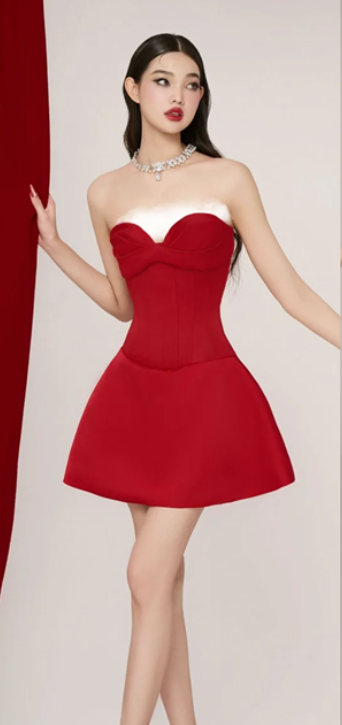 Red tube top waist slim fit A-line princess skirt homecoming dress R4411