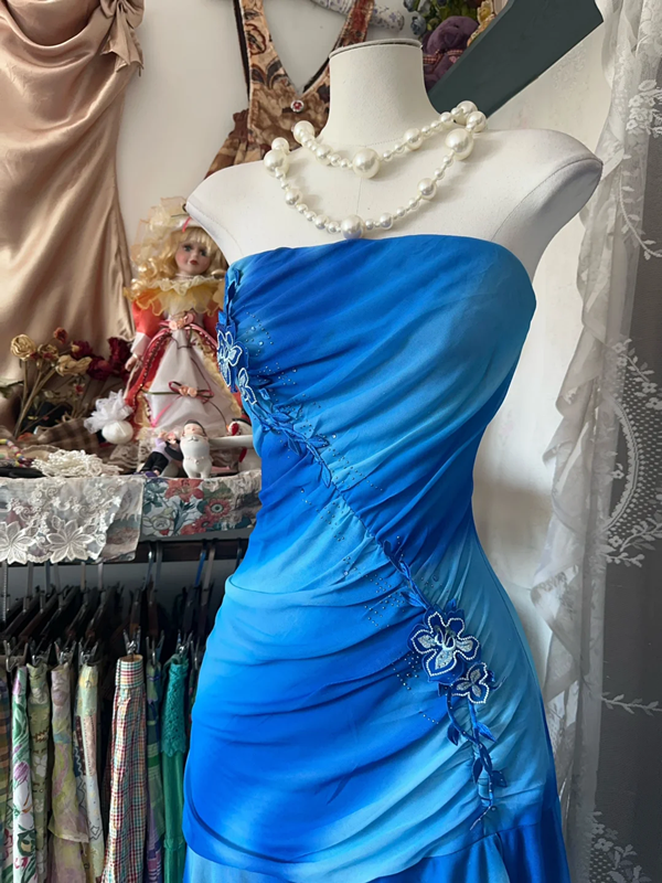 Gradient blue strapless, fitted, fishtail gown, ball gown R6352