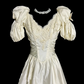 Apricot-colored, puff-sleeved, fitted, mid-length ball gown with a classic elegance R6673