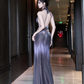 Grey halter neck fitted waist slim back sexy ball gown R7072